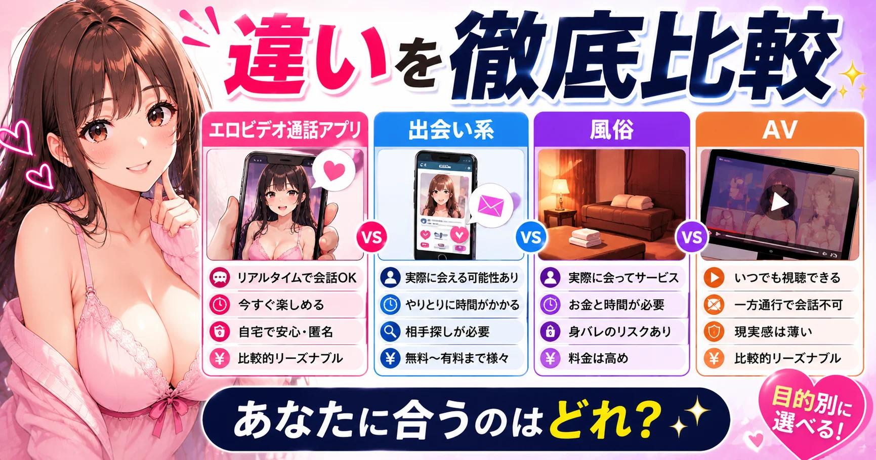 【比較】エロビデオ通話アプリと出会い系・風俗・AVの違いを徹底比較｜あなたに合うのはどれ?